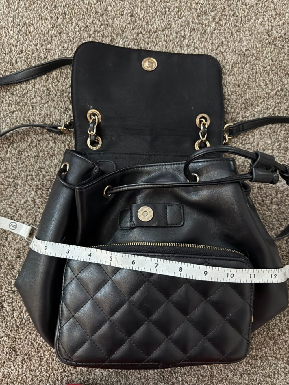 Forever 21 Black Quilted Faux Leather Mini Backpack Purse Bag Chain Drawstring
